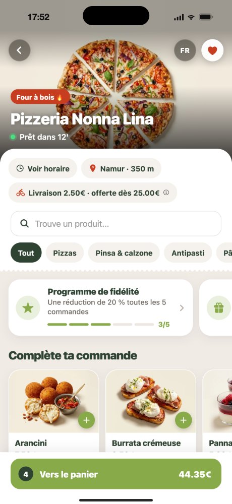 La page d'une pizzeria dans l'app Pizzy, avec son menu